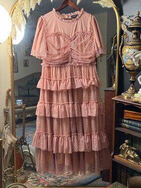 Deauville Pink Lace Tiered and Trimmed Maxi Dress